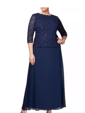 Alex Evening 3/4 Sleeve Lace and Chiffon Gown with Scalloped Lace Detail